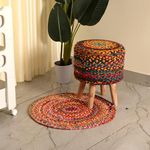 Kuber Industries 2 Pcs Set Handcrafted Pouffe Ottoman Stool & Door Mat for Home | Decorative Stool & Door Mat for Hall, Living Room | Rug & Stool for Hall | Chindi Doubling- Multicolor