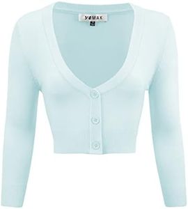 Women's Cropped Bolero Cardigan – 3/4 Sleeve V-Neck Basic Classic Casual Button Down Knit Soft Sweater Top (S-3XL) Light Blue