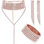 3 Pieces Women Rhinestone Jewelry Set Rhinestone Tassel Choker Necklace Fringe Bracelet Crystal Dangling Earring for Wedding Bridal Party(Rose Gold)