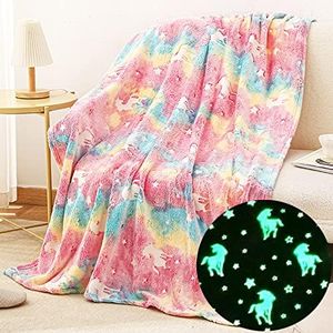 Happwow Glow in The Dark Blanket,Unicorn Blanket for Girls,Soft Throw Fuzzy Blankets Kids Rainbow Unicorn,50" x 60" Perfect for Kids Bed or Sofa,Kids Christmas Birthday Unicorn Gifts