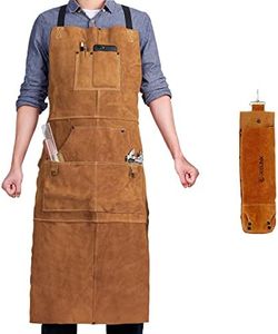 QeeLink Leather Work Shop Apron with 6 Tool Pockets Heat & Flame Resistant Heavy Duty Welding Apron, 24" x 36", Adjustable M to XXL for Men & Women (Brown - Deluxe Edition)