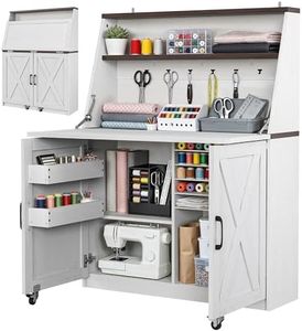 DWVO Folding Sewing Table with Charging Station & Storage, Multi-Function Craft Desk with Lockable Wheels, Magnetic Doors & Hidden Storage