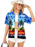 LA LEELA Blouse Women Short Sleeves Aloha Shirt Beachwear Hawaiian Wear Collar Top S