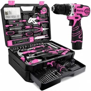 KingTool 276-Piece Tool Set Kit with 12V Cordless Power Drill (Pink)
