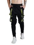 Men 6 Pockets Drip Tape Gather Jogger Trackpants Black