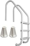 SAFTRON 3 Step High Impact Polymer Finish Inground Pool Ladder, White & Polymer 6 in Pool Handrails and Ladders Surface Mounting Base, White (2 Pack)