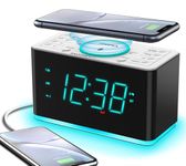 iTOMA Alarm Clock Radio, 15W Ultra Fast Wireless Phone Charger with Bluetooth, Two Charging Ports, Dual Alarm, Sleep Timer, Snooze, Dimmer, FM Radio,Cyan LED Night Light &1.4" Display CKS207