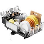 Urackify Dish Rack, 304 Stainless Steel Dish Drying Rack for Kitchen Counter, Dish Drainer with Cutlery Holder for Large Capacity, Dish Drying Rack with drip Tray, Black