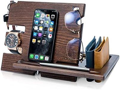 Wood Phone Docking Station Ash Key Holder Wallet Stand Watch Organizer Men Gift Husband Wife Anniversary Dad Birthday Nightstand Purse Father Graduation Male Travel Idea Gadgets Solid (Wenge)