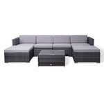 EVRE Nevada Grey 6 Seater Outdoor Rattan Garden Furniture Set Wicker Weave Sofa Coffee Table Stool with Cushions For Patios Decks Conservatories Sectional Corner Conversation Piece