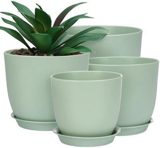 Whonline Plastic Planter 10/9/8/6 Inch Flower Pot Indoor Plastic Pots for Plants with Drainage Hole and Tray Modern Decorative for Gifts Succulents Flowers Cactus, Green