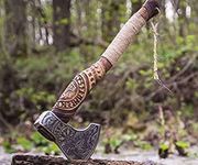 AXE027AM FS Crafts 21.00" Custom Handmade Carbon Steel Viking Axe Hand Forged Outdoor Hunting Camping Axe Hatchet Bearded Axe Ragnar Engraved Handle with Leather Sheath