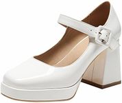 Latasa Women's White Platform Chunky High Heels Closed Toe Block Mary Jane Heels Pumps Dress Shoes (8.5,White)