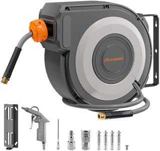 HOZEREEL Enclosed Retractable Air Hose Reel, 3/8 Inch x 50+5 Ft Hybrid Hose Air Compressor Hose Reel in Max 300 PSI Design, 180°Swivel Bracket Quick Coupler(Grey)