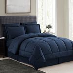 Sweet Home Collection 8 Piece Comforter Set Bag with Checkered Design, Bed Sheets, 2 Pillowcases, 2 Shams Down Alternative All Season Warmth, Queen, Navy