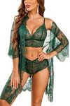 Avidlove Women Sexy Lingerie Set 3 Piece Lace Kimono Robe with Bra and Panty Sheer Sleepwear Green