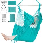 PNAEUT Hammock Chair Swing with Handmade Tassel, Hand-Crafted Hanging Indoor and Outdor (Aqua)