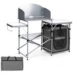 TANGZON Folding Camping Table, Outdoor Portable Garden Kitchen Storage Table with Windshield & Carry Bag, Mesh-Door Storage Cupboard for Picnic BBQ Party, 146 x 48 x 110cm (Grey)