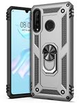 GREATRULY Ring Kickstand Phone Case for Huawei P30 Lite,Heavy Duty Dual Layer Drop Protection Case,Hard Shell + Soft TPU + Ring Stand Fits Magnetic Car Mount,Silver