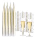 Oasis Creations Plastic Champagne Flute Glasses Set (100 count) 4.5 ounce - Gold Glitter Stem Cups- 2 Pieces- Ideal for Birthday Party, Wedding Reception, Office Parties, and other Celebrations!