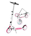 Hyiatyo Scooter for Kids 8-12 Teens & Adults with Handbrake, LED Flashing Wheels, 100kg Capacity, Adjustable Height Big Wheels City Scooter (White & Pink)