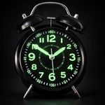 AERYS Analog Alarm Clock for Heavy Sleepers Loud Clock for Adults, Metal 4 Inches Twin Bell Table Clock with Backlight Alarm Clocks for Students Decoration Bedroom/Office (Radium Black)