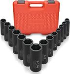 Neiko 02476A 1/2" Impact Socket Set, 14 Piece 6 Point Impact Set, Standard Impact Socket Set, SAE Sizes (3/8-Inch to 1-1/14") Cr-V Steel, Deep Socket Set 1/2 Drive,