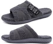 COFACE Mens Slippers Fuzzy Comfy Arch Support Orthotic Orthopedic Plantar Fasciitis Fluff Fur Memory Foam Sherpa Open Toe Warm Bedroom Slipper House Slides for Man Indoor Outdoor Grey Size 10