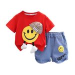 Bold N Elegant Kid's Playful Happy Face Print Cotton Half Sleeve T-shirt & Denim Shorts Summer Clothing Set for Infant Toddler Boys Girls (6-12 Months, Red - Blue)