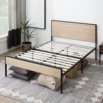 Edenbrook Carson Metal Frame with Wood Headboard and Footboard-Queen Bed, Brown Platform, White Oak