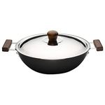 Wonderchef Ebony Hard Anodized Wok with Lid - 28cm, 4.5 Litre | Ideal for Biryani, Pulao| Black/Brown