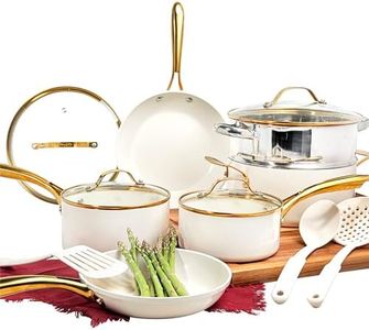 GOTHAM STEEL 15-teiliges Töpfe- und Pfannenset, antihaftbeschichtetes Kochgeschirr-Set, Topf- und Pfannen-Set, Küchen-Kochgeschirr-Sets, Keramik-Kochgeschirr-Set,spülmaschinenfest, ungiftig, cremeweiß