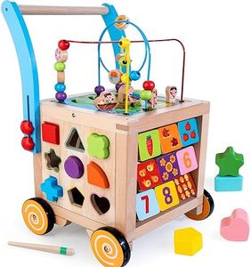 Wooden Baby Walker | Baby Push Walker with 9-in-1 Activity Cube, Sit to Stand Learning Walker Toy with Wheels for Boys Girls, Montessori Activity Center Walker, Adjustable Speed & Height