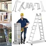 4.7M Multi-purpose Aluminium Folding Extendable Ladder with 1 x Tool Tray, 14-in-1 Telescopic Ladder 4x4 Rungs, Combination Ladder for Building, Painting, Cleaning, Max Load 150kg