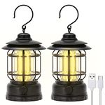 LED Camping Lanterns Rechargeable Portable, Vintage Style Tabletop Lantern, Stepless Dimming, Waterproof - Black, 2 Pack for Camping, Hanging Tent Light, and Power Outages