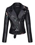 Giolshon Women Faux Leather Floral Jacket, Trendy Zip Up Motorcycle Short PU Moto Biker Coat Slim Fitted Outwear 1702020 Black M