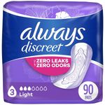 Always Discreet Incontinence Pads for Women, Light Absorbency, 90 Count (30 Count, Pack of 3-90 Count Total)