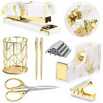 Gold Marble Desk Accessories, Office Supplies Set Stapler Set Staple Remover, Tape Holder, Pen Holder, 2 Ballpoint Pen, Scissor, Binder Clips, Paper Clips and 1000pcs Staples.