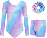 JiAmy Leotards for Girls Gymnastics, Long Sleeve Sparkly Dance Biketards with Shorts Ballet Tumbling Outfit for 3-12 Years Plant Printing 11-12 Years