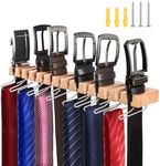 Tie and Belt Rack for Closet, 2 in 1 Wooden Wall Mount 14 Belts Hanger w/Through-The-Wall Nails, Belt Holder w/ 360° Swivel Hook, Tie and Belt Organizer Display for Closet, Door, Wall - Natrual