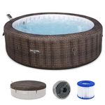 Bestway SaluSpa Bali Smart AirJet Inflatable Hot Tub Round Portable 5-7 Person Spa with 180 AirJets, App Control and EnergySense Cover, Brown Rattan