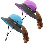 IYEBRAO 2 Pieces Kids Girls Sun Hat with Ponytail Hole Summer Wide Brim UV Protection Bucket Cap for Beach ＆ Fishing (Purple＆sky Blue)