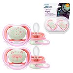 Philips Avent Soothers, 6-18m Ultra Air Night Soother with Glow-in-the-Dark Button, Star/Bear Design, Pink (Pack of 2) - SCF376/22