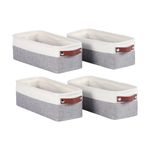 Univivi Small Storage Boxes, Fabric Storage Basket Set of 4 with Leather Handles, Storage Baskets for Shelves, Foldable Baskets for Toys, Clothes, Office Products and Other Sundries (White/Grey)