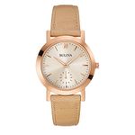 Bulova Classic Quartz Women's Watch, Stainless Steel with Beige Leather Strap, Rose Gold-Tone (Model: 97L146)