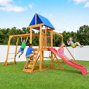 SUNIBOXI Wooden Swing Sets for Backyard, Kids Outdoor Playground Set with Monkey Bars, Wave Slide, 2 Belt Swings, Climbing Ladder, Rock Wall, Play Deck with Canopy