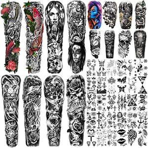 Metuu 46 Sheets Full Arm Temporary Tattoos For Men and Women(L22.8”xW7”), Lion Dragon Clock Flower Skeleton Scorpion Tattoos for Teens, Forearm Shoulder Temp Waterproof Fake Tattoo Stickers