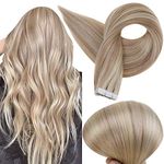 Full Shine Tape in Hair Extension 16 Inch Real Hair Extensions for Women Color 18/613 Blonde Double Sided Tape Hair Extensions 20 Pcs 50 Gram Skin Weft Hair Extension