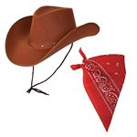 Adult Texan Cowboy Hat Brown & Red Bandana/Neckerchief Fancy Dress Party Accessory Wild Western Sheriff Country Western Rancher