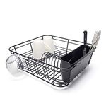 simplywire - Dish Drainer with Cutlery Basket and Glass Drying Hooks - Black Plastic Coated Steel